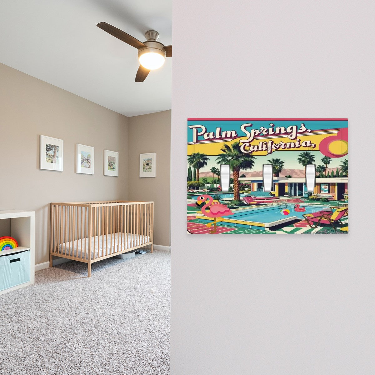 Palm Spring California Kitschy Mod Flamingo Modern Switch Cover 3-Gang 3 Toggle - Mid Century Modern Gal