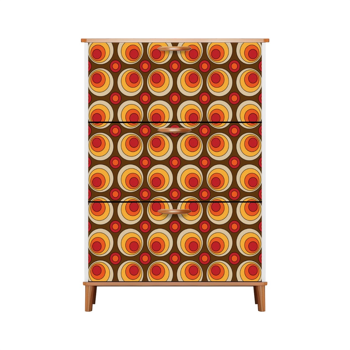 Mid Century Modern Shoe Cabinet, Retro Orbs Brown Orange Yellow Mod Furniture Cabinet - Mid Century Modern Gal