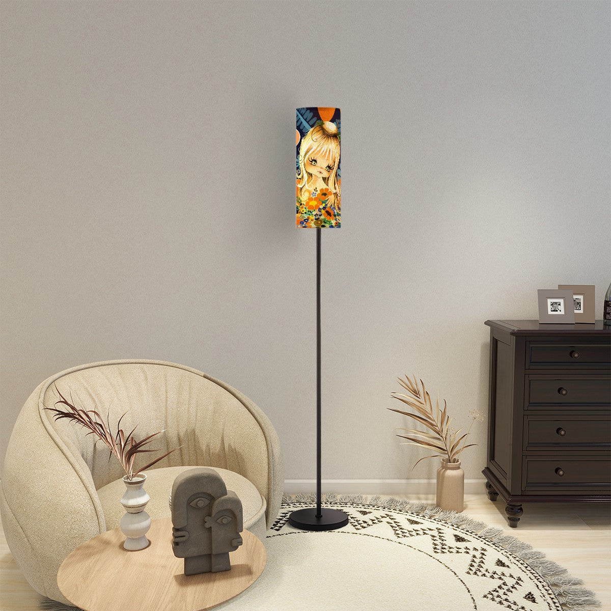 Retro Big Eyed Hippie Girl From The 70s, Floral Boho Pattern Mod Floor Lamp - Mid Century Modern Gal