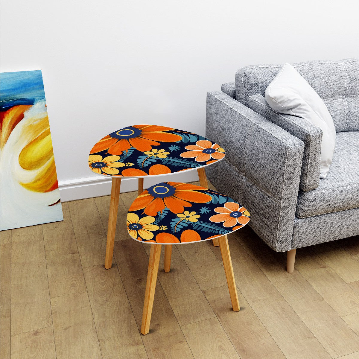 Bohemian Floral Navy Blue, Orange, Retro Nesting Tables - Mid Century Modern Gal