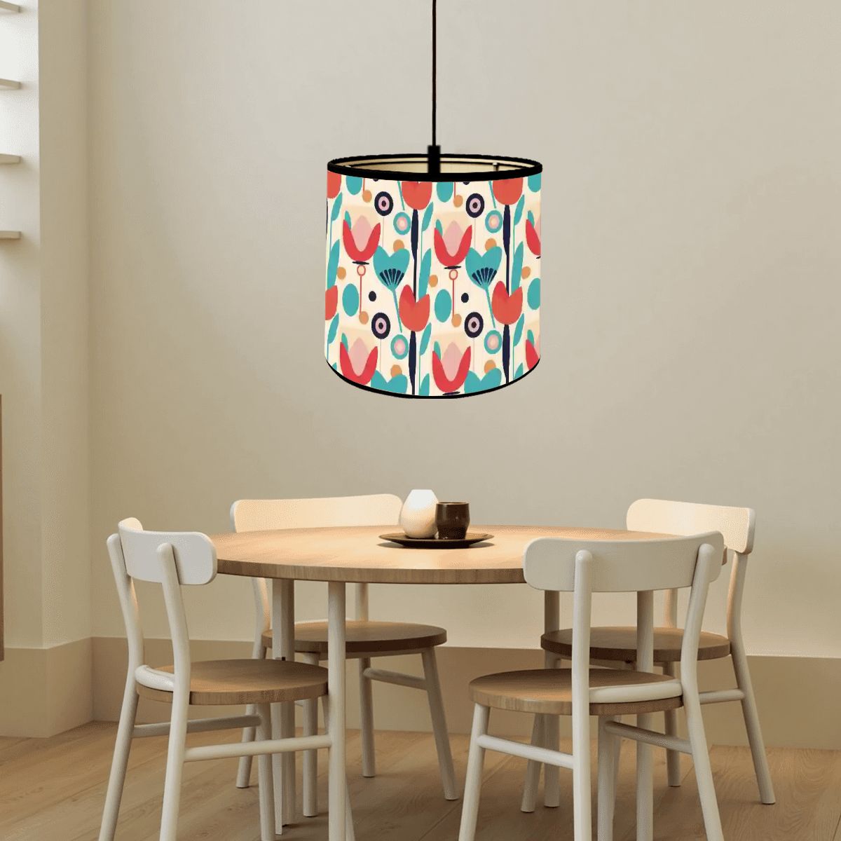 Retro Scandinavian Floral Mid Mod Bamboo Drum Lampshade - Mid Century Modern Gal
