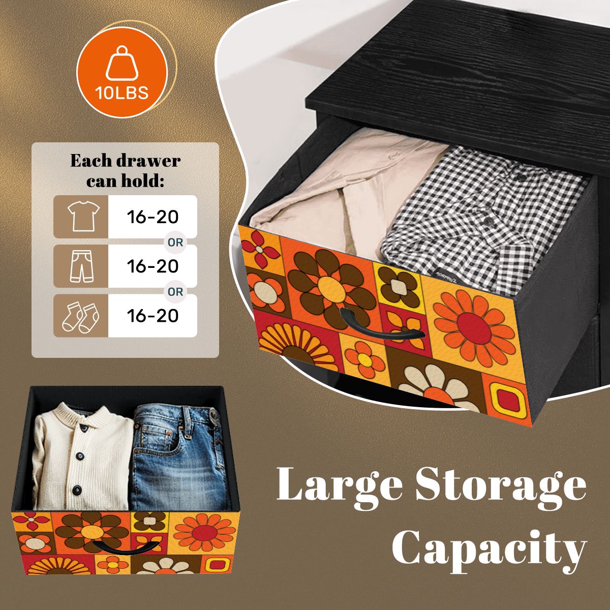 Retro 70s Mod Floral Orange Brown Yellow Mid Mod Hip 4-Drawer Dresser - Mid Century Modern Gal