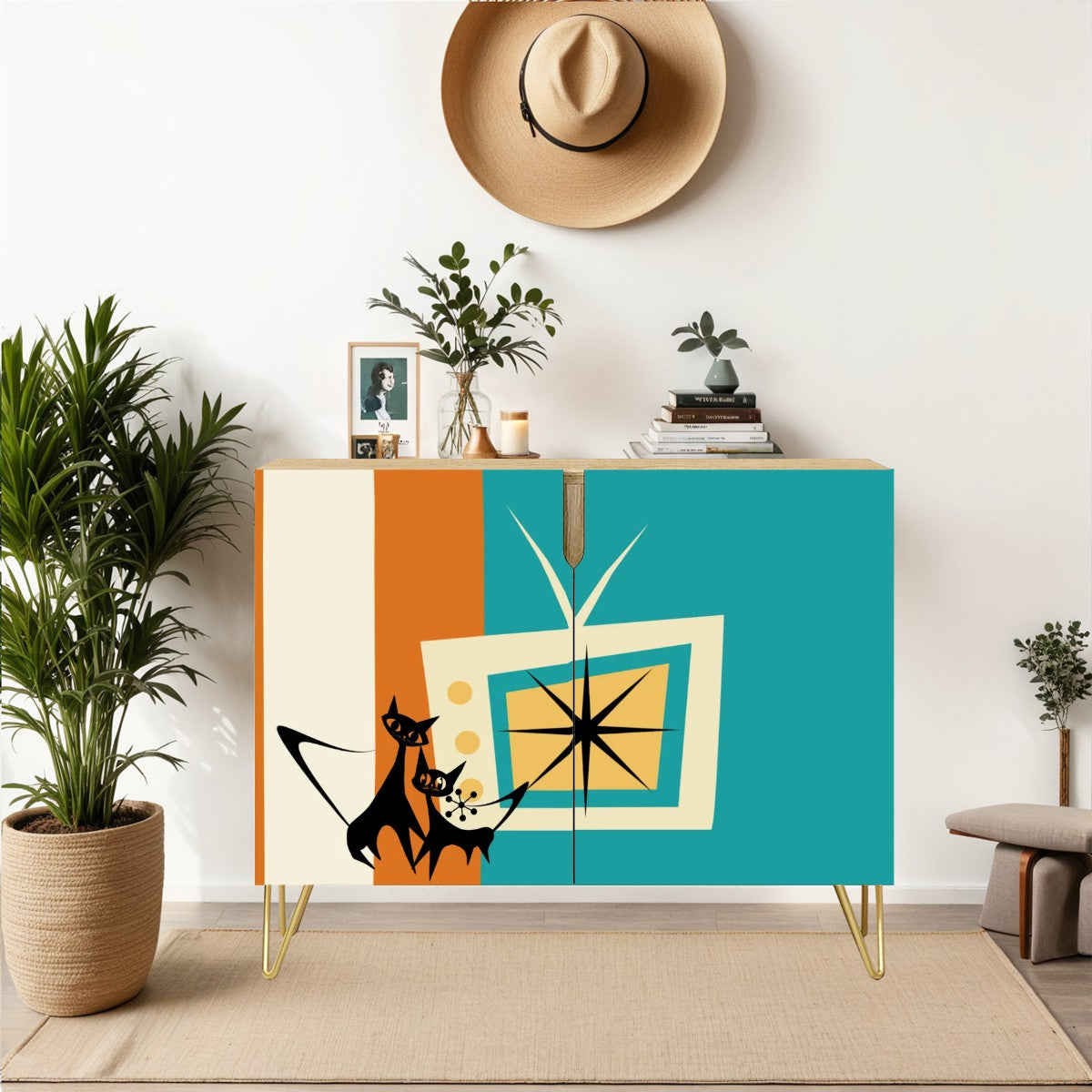 Mid Century Modern TV Credenza, Storage Cabinet Adorned WIth Atomic Kitschy Cats - Mid Century Modern Gal