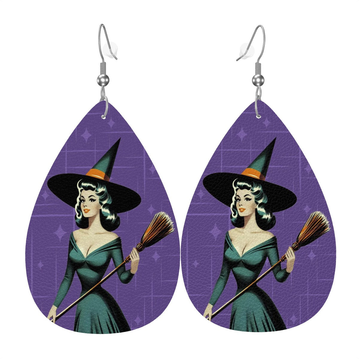 Mid Century Modern Vintage Pin Up Witch Purple Teal Halloween Vegan Leather Teardrop Earrings - Mid Century Modern Gal