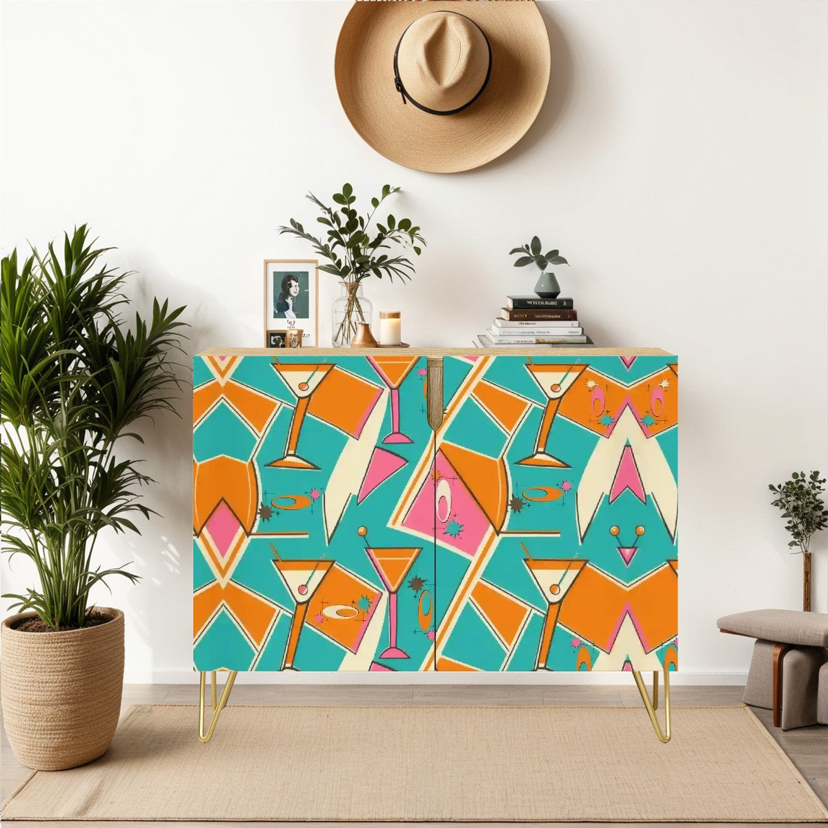 Mid Century Modern Barware Cabinet, Kitschy Mod Orange, Teal, Hot Pink Sideboard Credenza - Mid Century Modern Gal