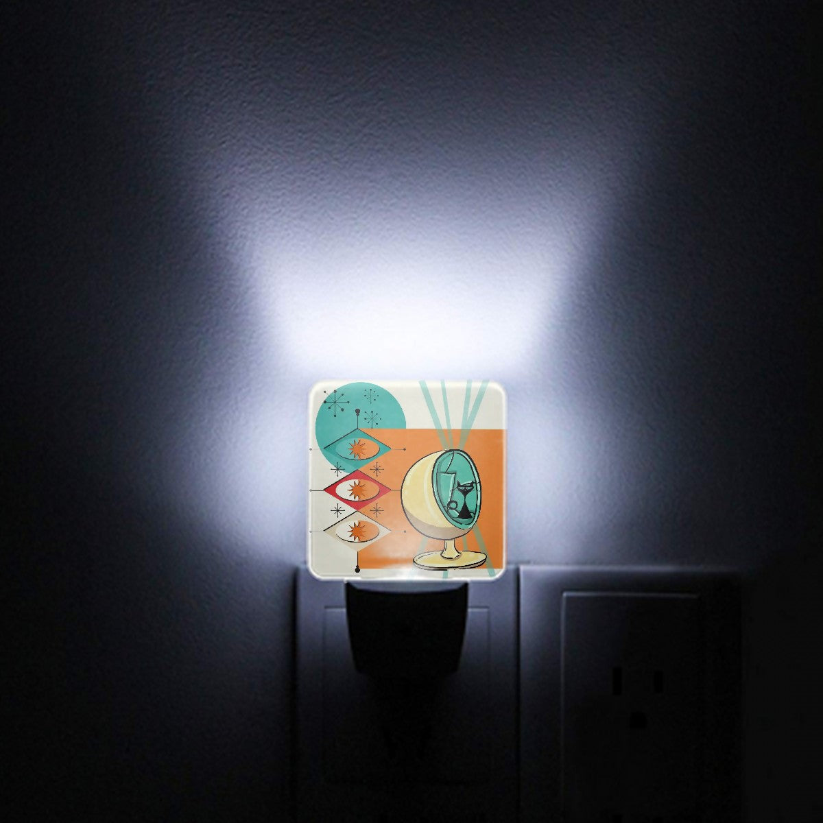 Atomic Cat In Egg Chair, Mid Mod Orange, Aqua Starburst LED Night Light Set of 2 - Mid Century Modern Gal