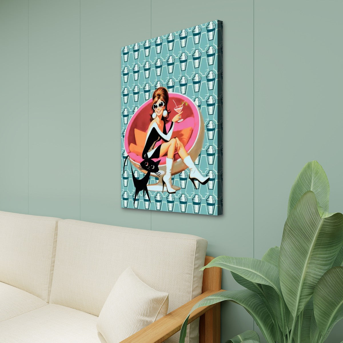 Mid Century Modern Wall Art, Mid Mod Gal, Martini Time, Atomic Cat Canvas Wall Art - Mid Century Modern Gal