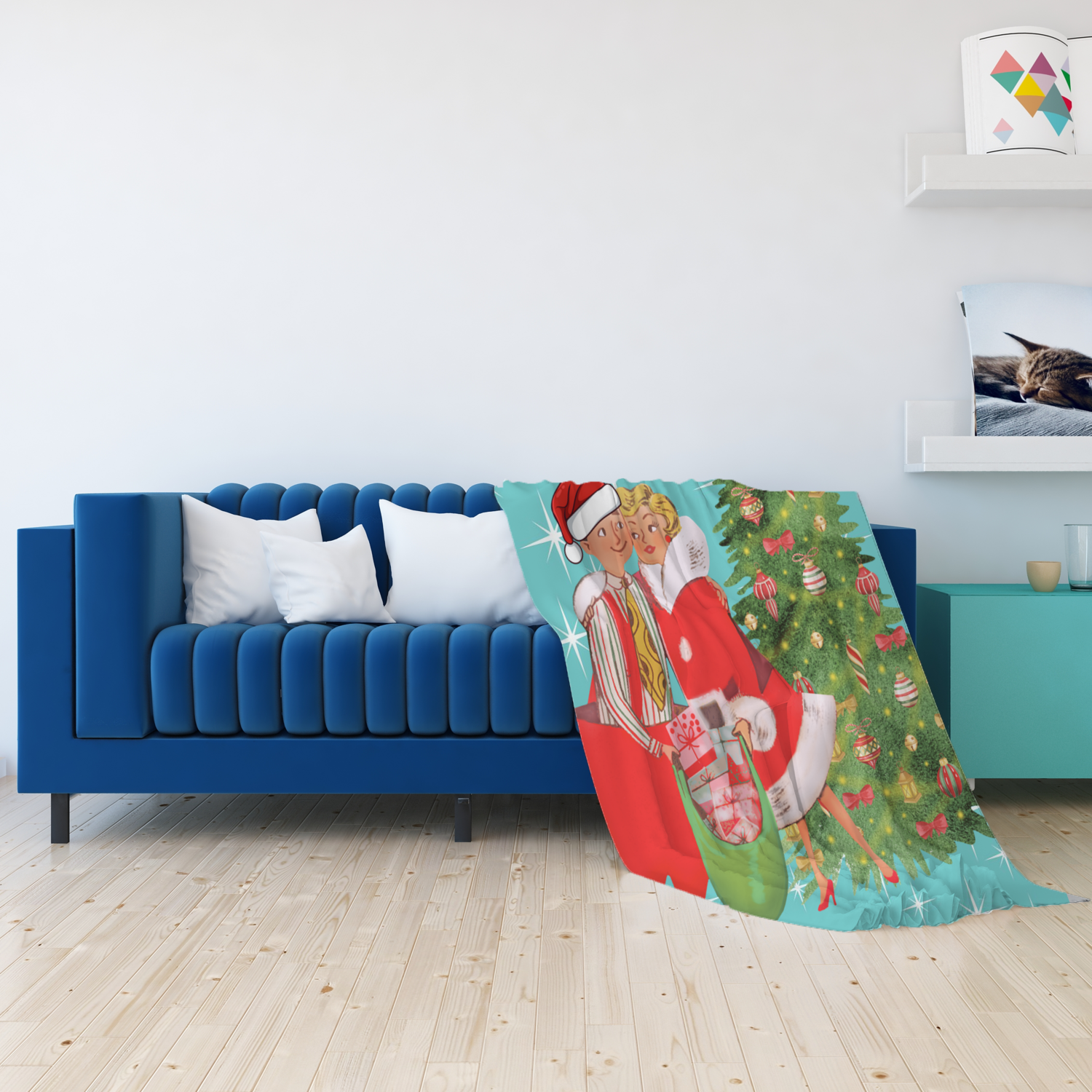 Holiday Vintage 50s Kitsch Retro Aqua Blue Diamond Starburst Mid Century Modern Vintage Christmas Holiday Decor Sherpa Blanket - Mid Century Modern Gal