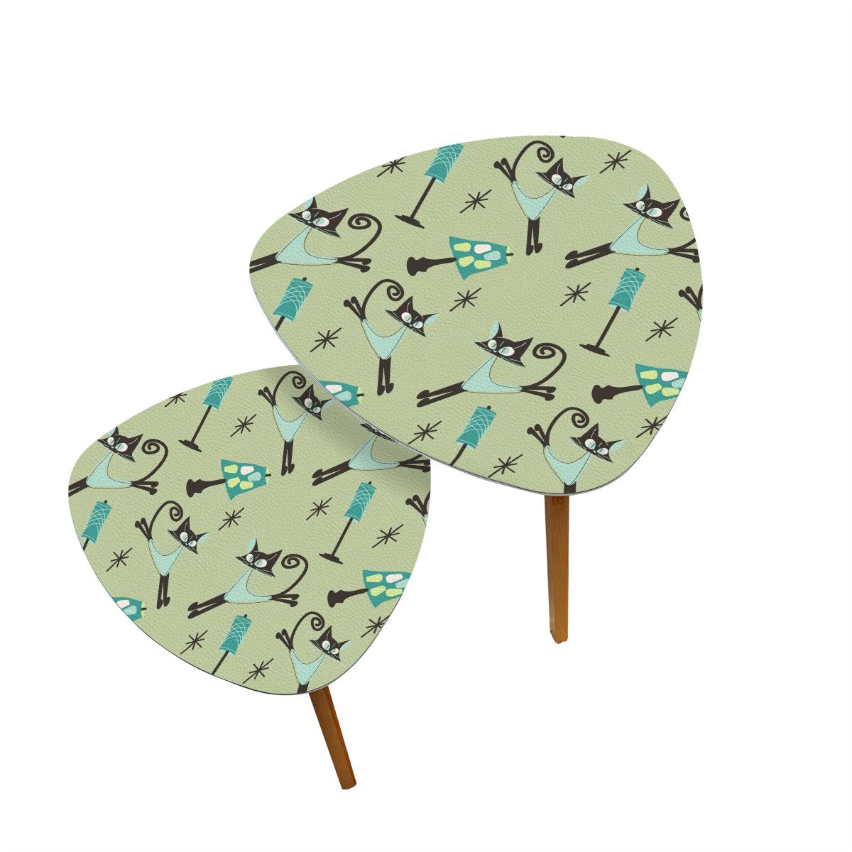 Atomic Cat Kitschy Mod Set Of Two Nesting Tables With Bamboo Legs - Mid Century Modern Gal
