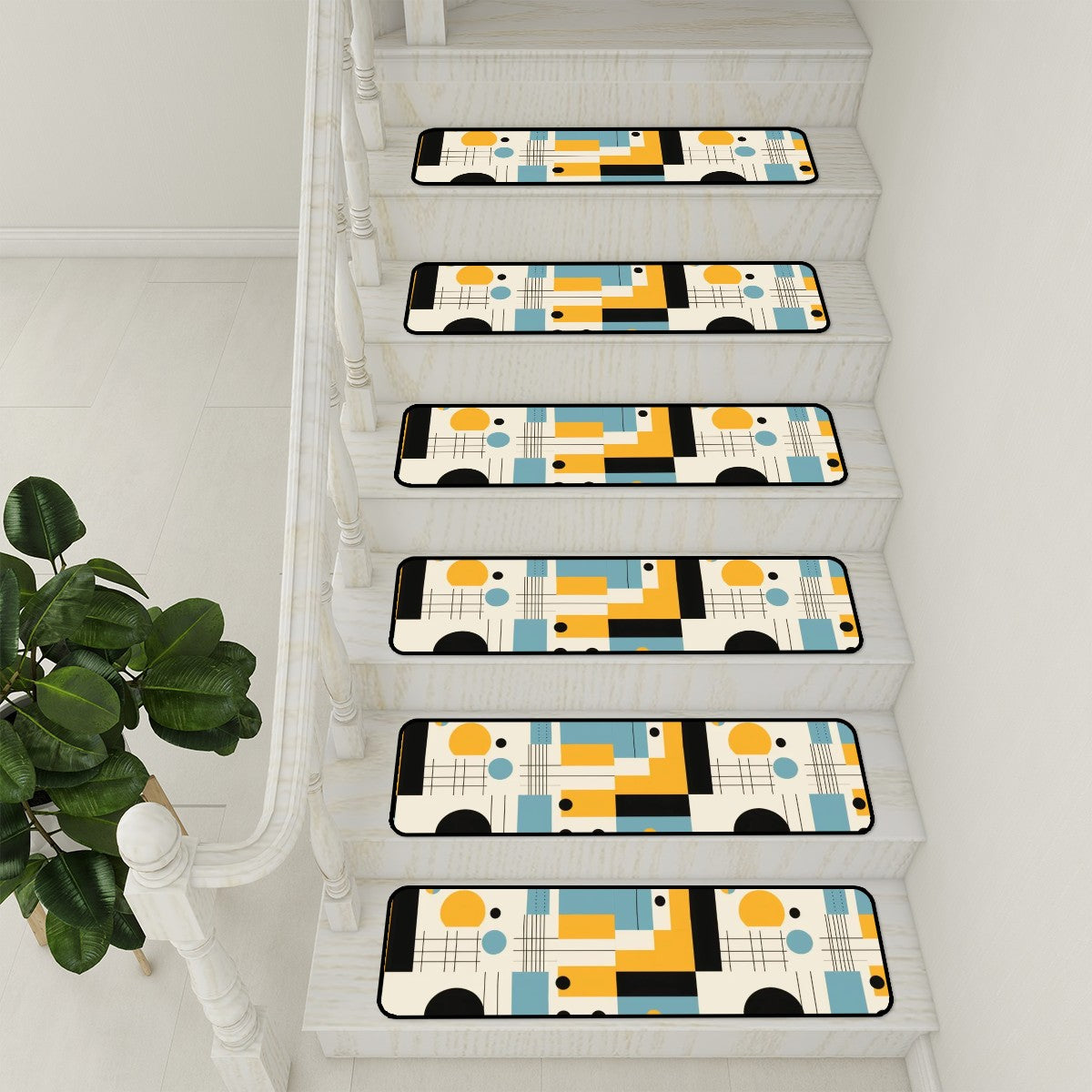 Mid Century Modern Bauhaus Designed Blue, Yellow Black,Non Slip Carpet for Stairs Treads - Mid Century Modern Gal