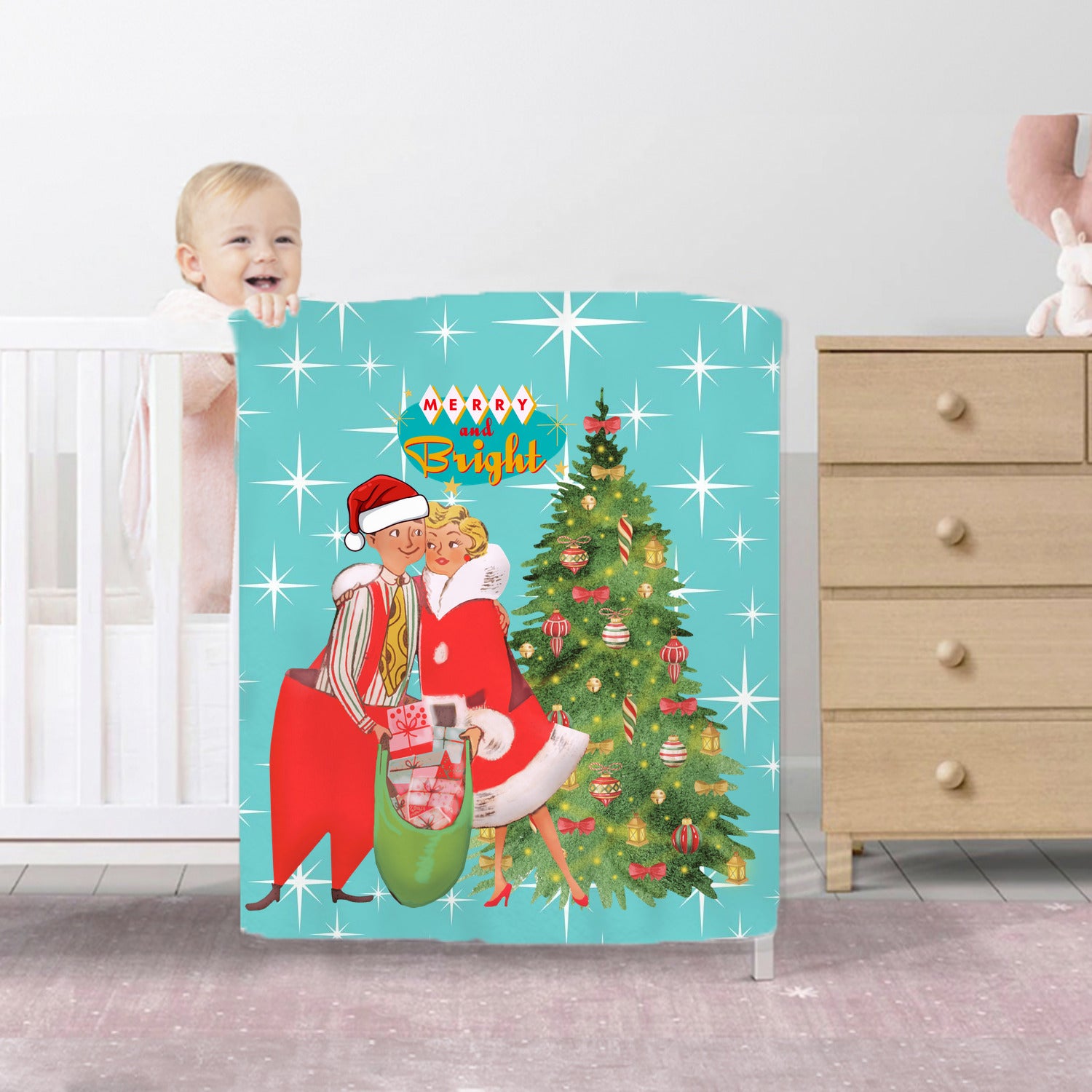 Holiday Vintage 50s Kitsch Retro Aqua Blue Diamond Starburst Mid Century Modern Vintage Christmas Holiday Decor Sherpa Blanket - Mid Century Modern Gal