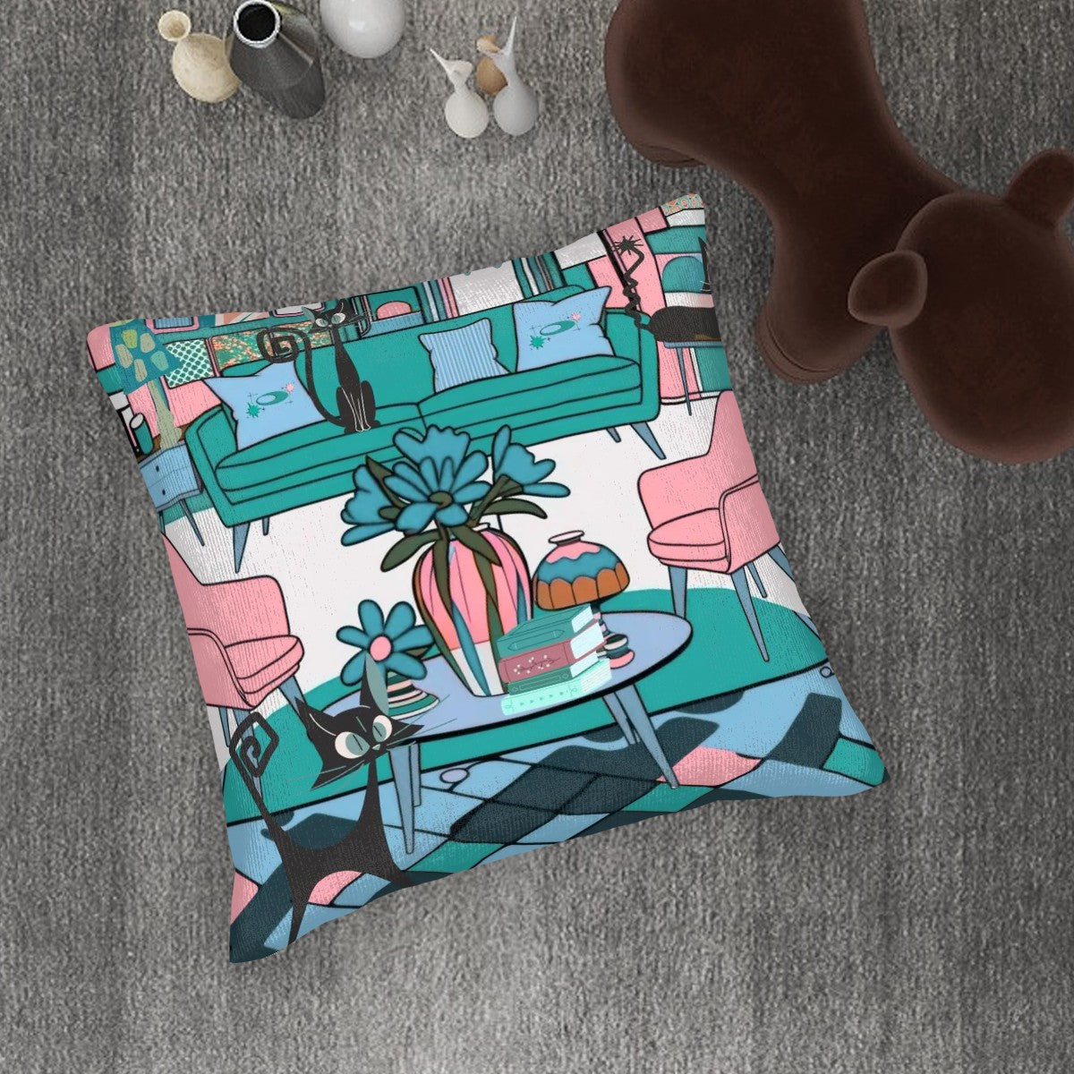 Mid Century Modern Atomic Cats, Kitschy Mod Livingroom Pillow Covers - Mid Century Modern Gal