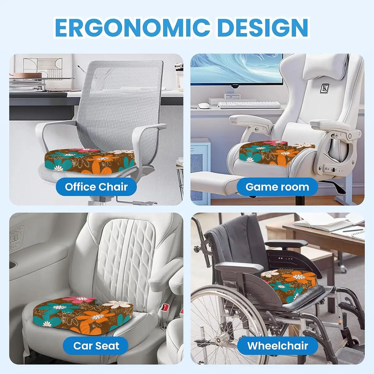 Retro Flower Power Mid Mod Brown Orange Teal Floral Orthopedic Memory Foam Seat Cushion - Mid Century Modern Gal