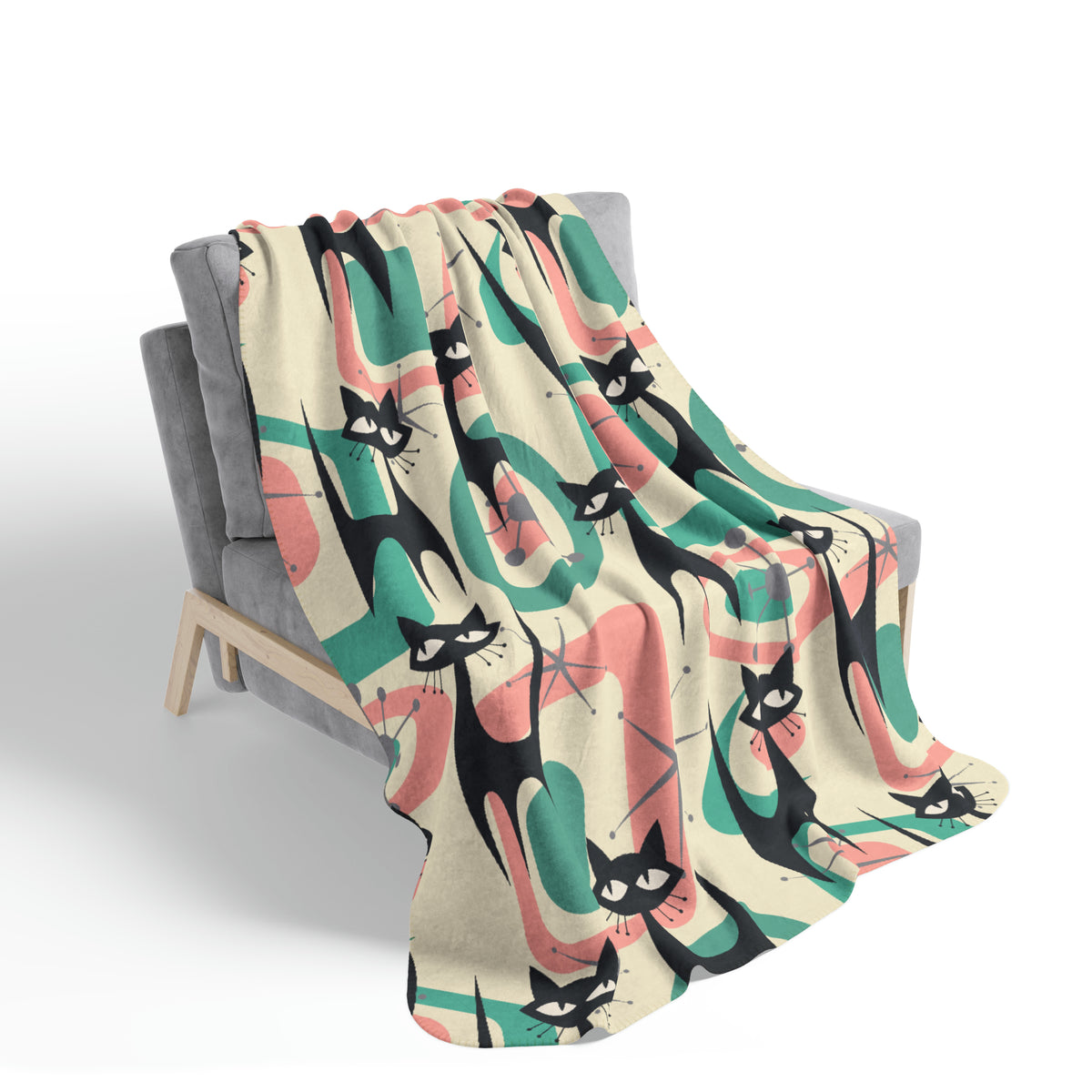 Atomic Home Living, Black Kitschy Cats, Cat Mom Mid Century Modern Designed Sherpa Fleece Blanket - Mid Century Modern Gal