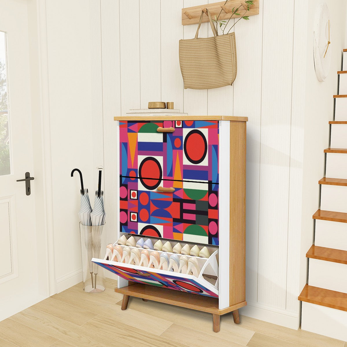 Mid Century Modern Shoe Cabinet, Bauhaus Designed Geometric Mod Furniture Storage Organization - Mid Century Modern Gal