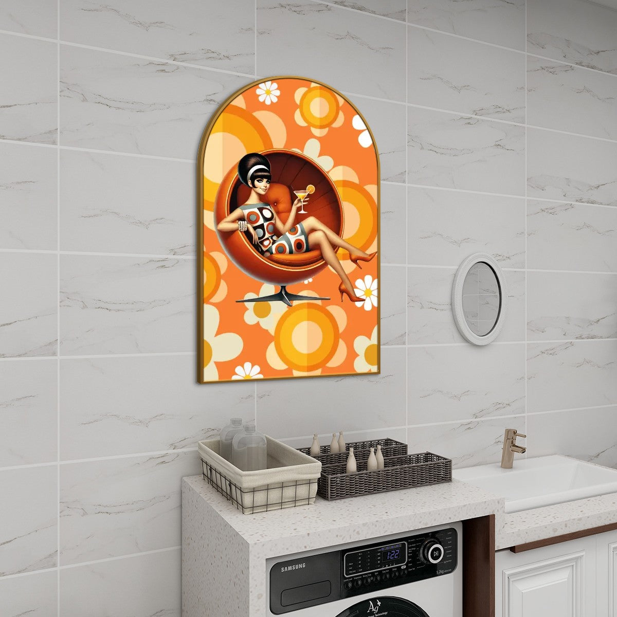 Flower Power 60s 70s Mod Gal In Retro Egg Chair Kitschy Mid Century Modern Arc Wall Art - Mid Century Modern Gal