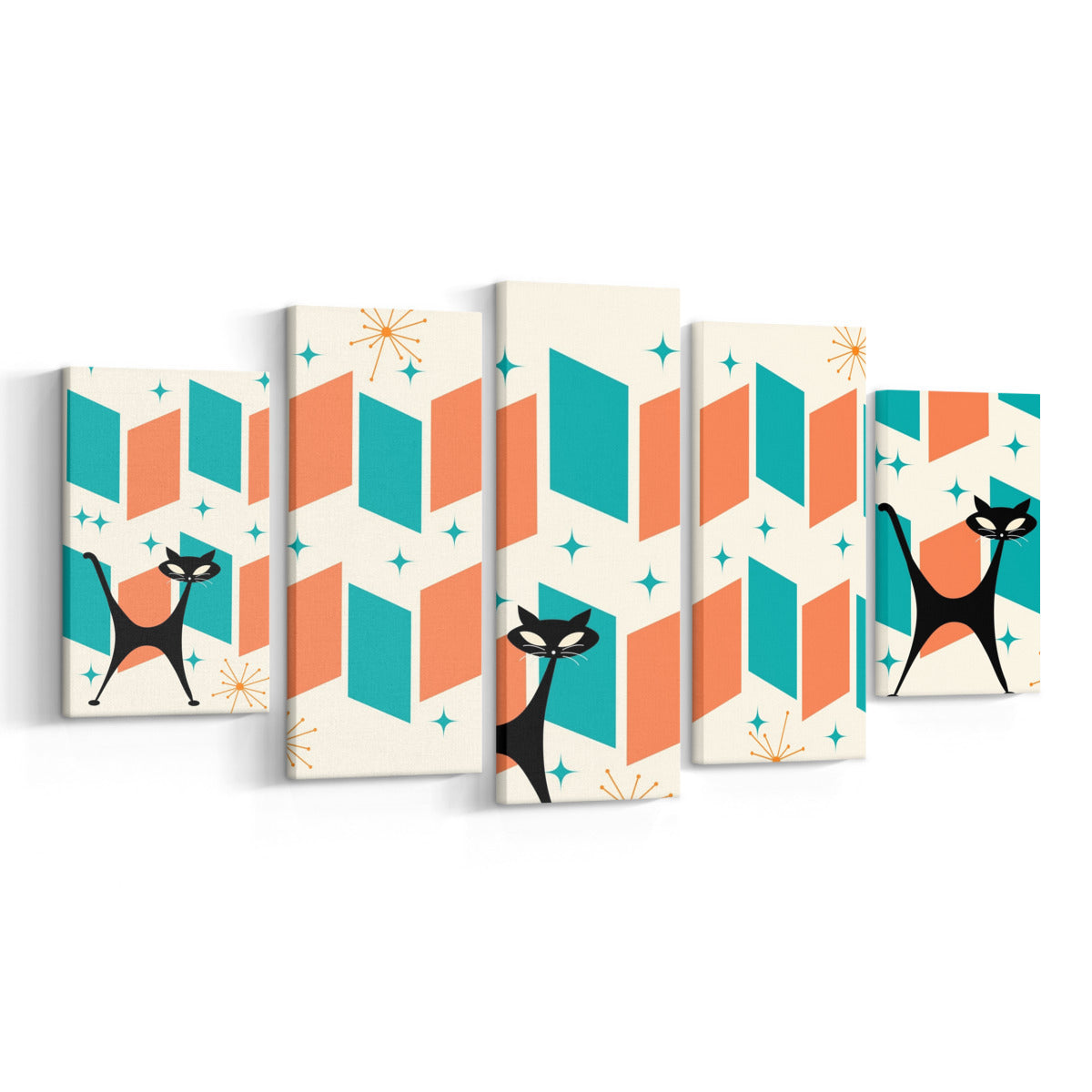 Atomic Cat Mid Century Modern Wall Art, 5 Piece Canvas Set - Mid Century Modern Gal