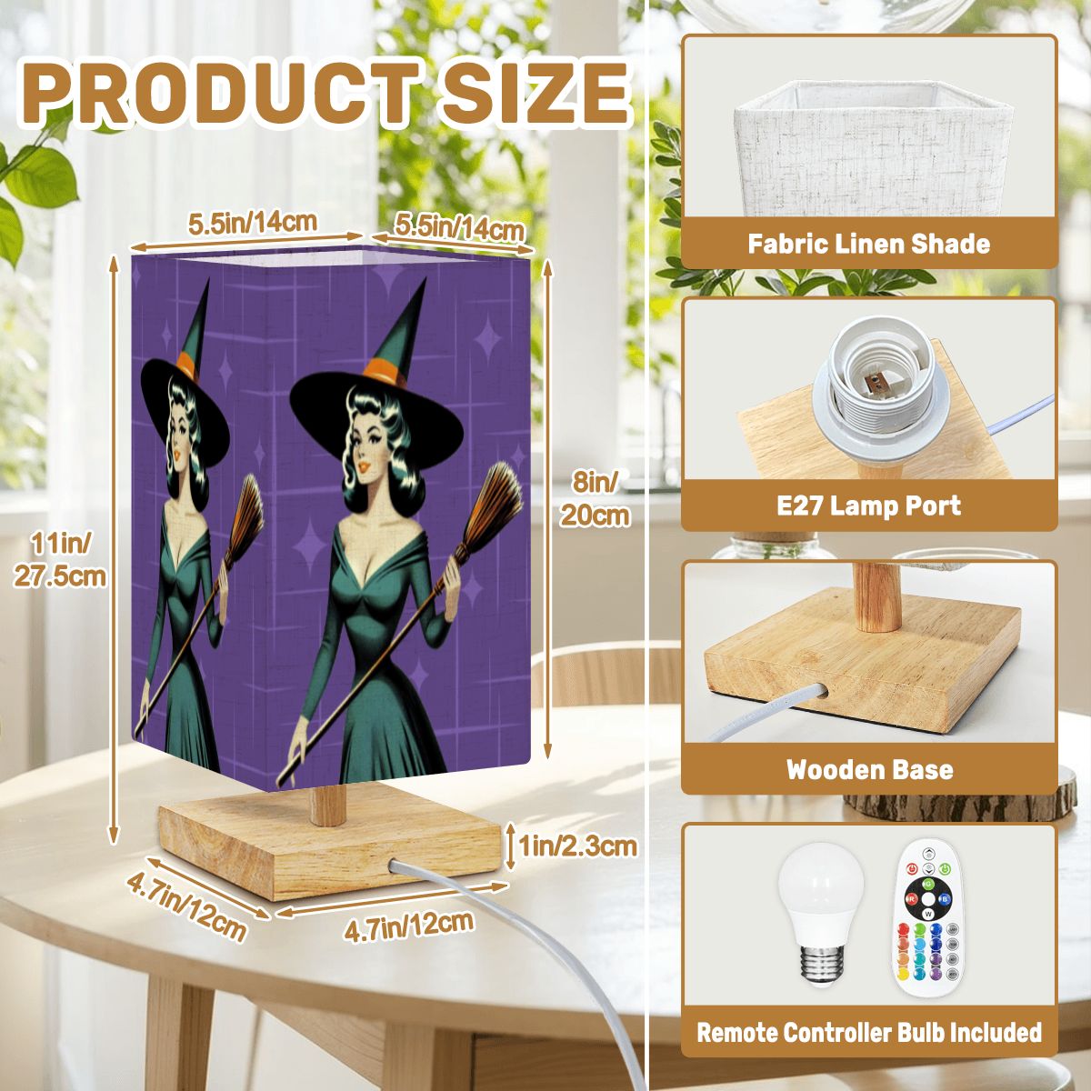 Mid Century Modern Vintage Pin Up Witch Purple Teal Halloween Square Table Lamp - Mid Century Modern Gal