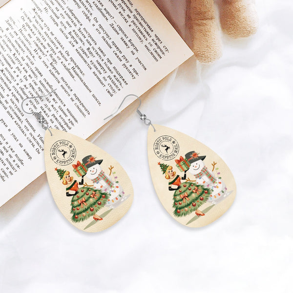 Mid Century Modern Christmas Tree Mod Gal North Pole Express Kitschy Faux Leather Teardrop Earrings