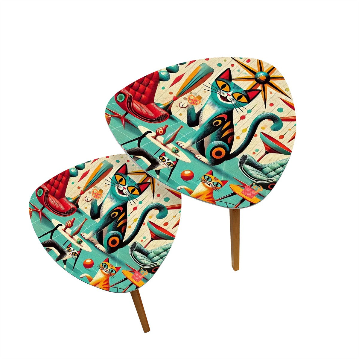 Mid Century Modern Nesting Tables, Cats And Cocktails Triangle Coffee Table Set of 2 - Mid Century Modern Gal