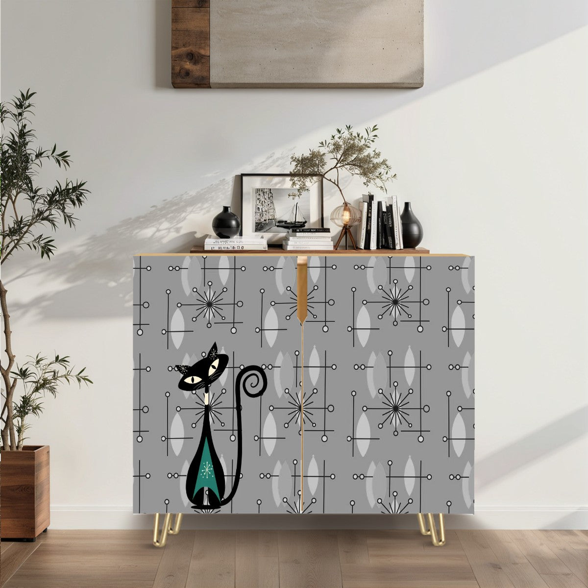 Mid Century Modern Moody Gray Atomic Cat Starbursts Wooden Storage Cabinet - Mid Century Modern Gal