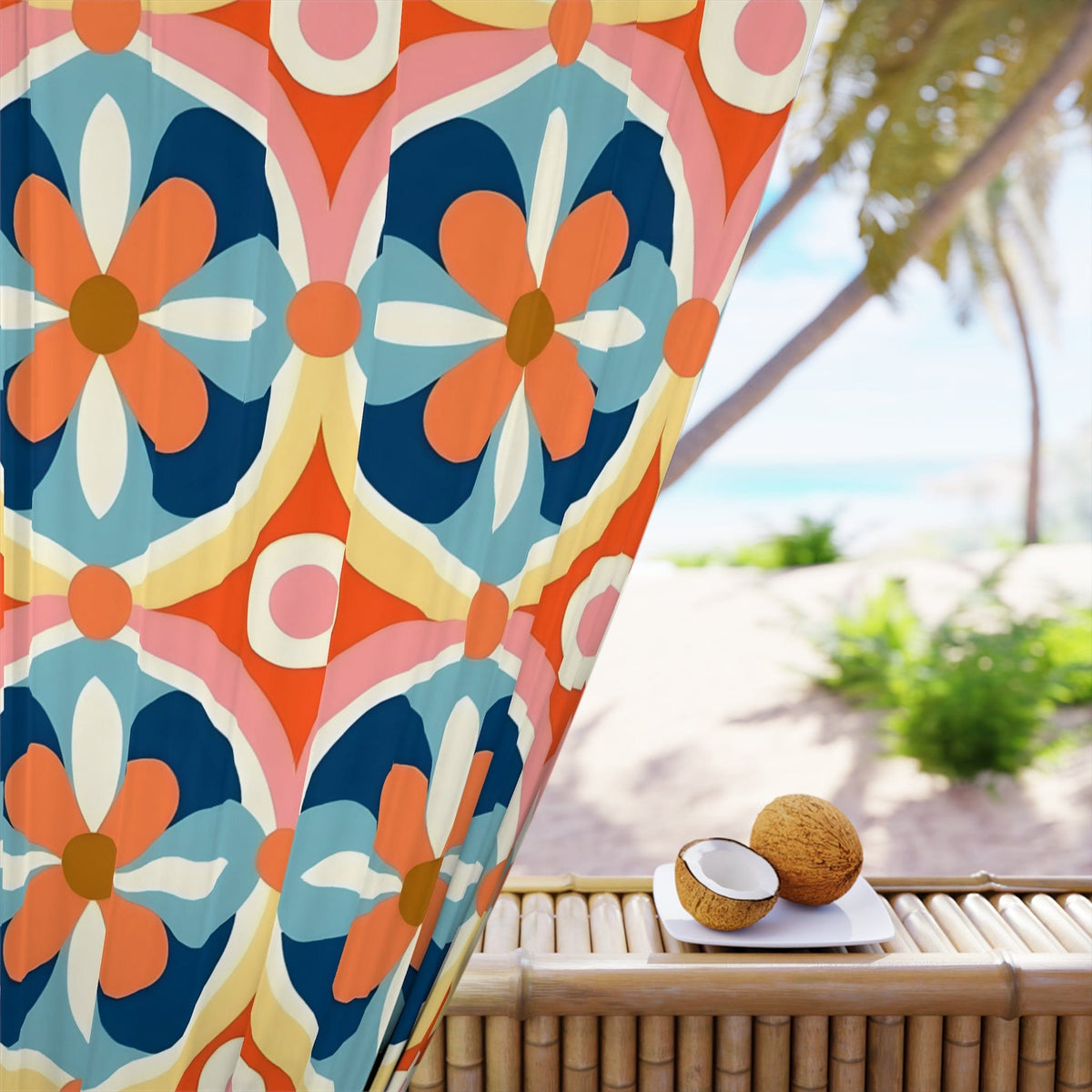 1970's Vintage Inspired Design, Bold Orange, Blue, Pink, Yellow, Scandi Floral Window Curtains (1 Piece) Home Decor Blackout / 50" × 84"