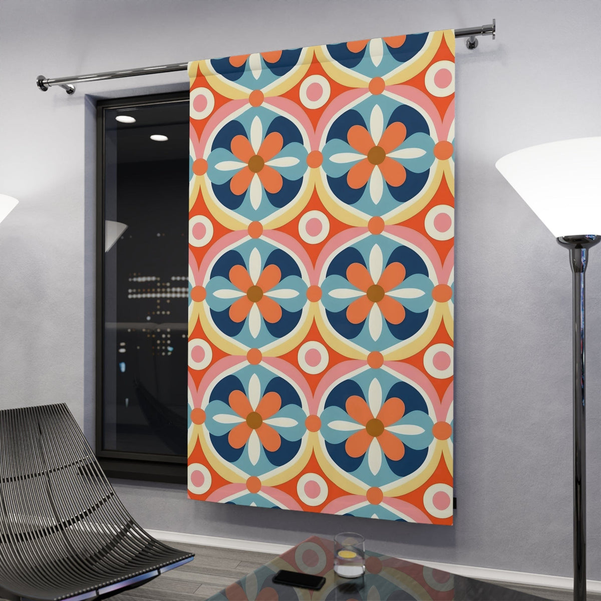 1970's Vintage Inspired Design, Bold Orange, Blue, Pink, Yellow, Scandi Floral Window Curtains (1 Piece) Home Decor Blackout / 50" × 84"