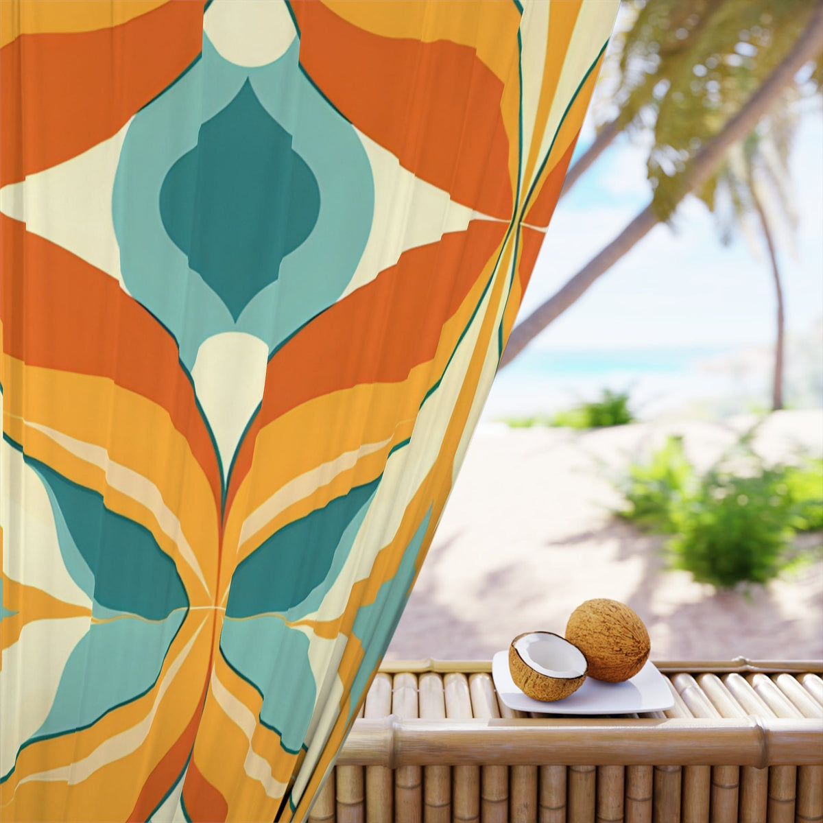 70's Groovy Geometric, Retro Orange, Aqua, Blue, Mid Mod MCM Blackout Window Curtain Home Decor Blackout / 50" × 84"