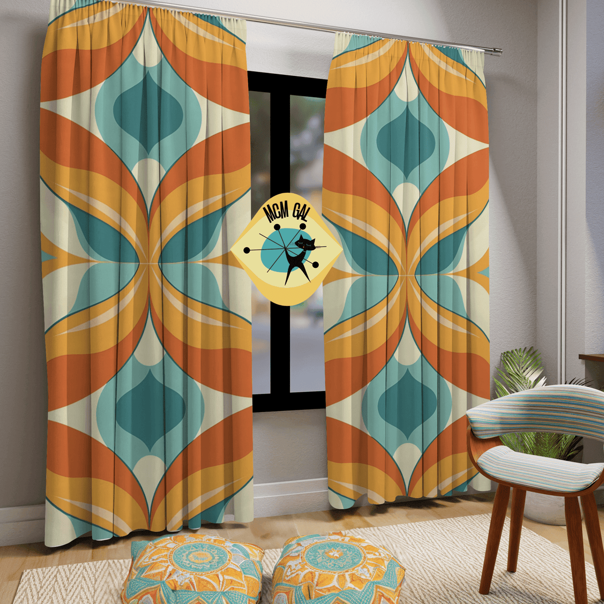 70's Groovy Geometric, Retro Orange, Aqua, Blue, Mid Mod MCM Blackout Window Curtain Home Decor Blackout / 50" × 84"