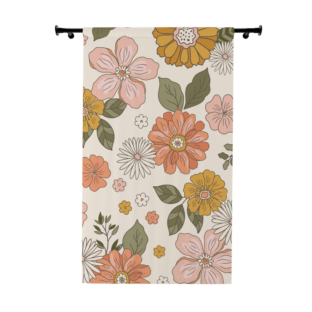 70's Vintage Pattern, Retro Flowers, 1970's Home Decor Window Curtains (1 Piece) Home Decor Blackout / 50" × 84"