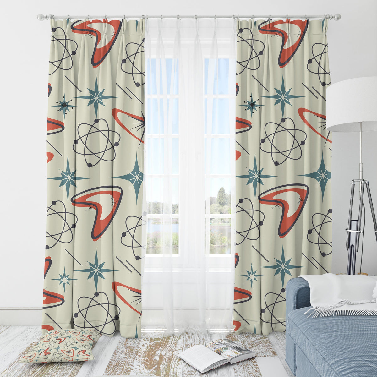 Atomic Boomerang, Mid Century Modern Designed Window Curtains, Nostalgic Space Age MCM Window Curtains Home Decor Blackout / 50" × 84"