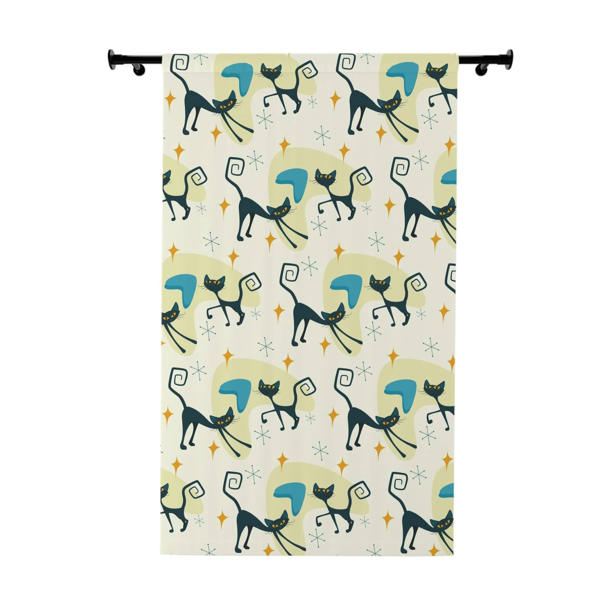Atomic Cat Curtains, Beige, Yellow, Blue Boomerangs, Starburst, Kitschy Cute, Retro Bedroom, Livingroom, Kitchen, Blackout Window Panels Home Decor Blackout / 50" × 84"
