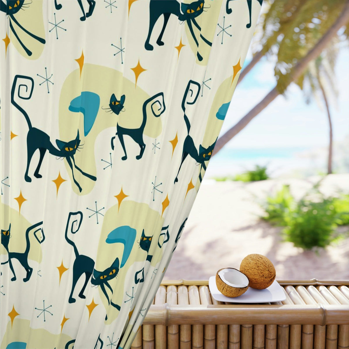 Atomic Cat Curtains, Beige, Yellow, Blue Boomerangs, Starburst, Kitschy Cute, Retro Bedroom, Livingroom, Kitchen, Blackout Window Panels Home Decor Blackout / 50" × 84"