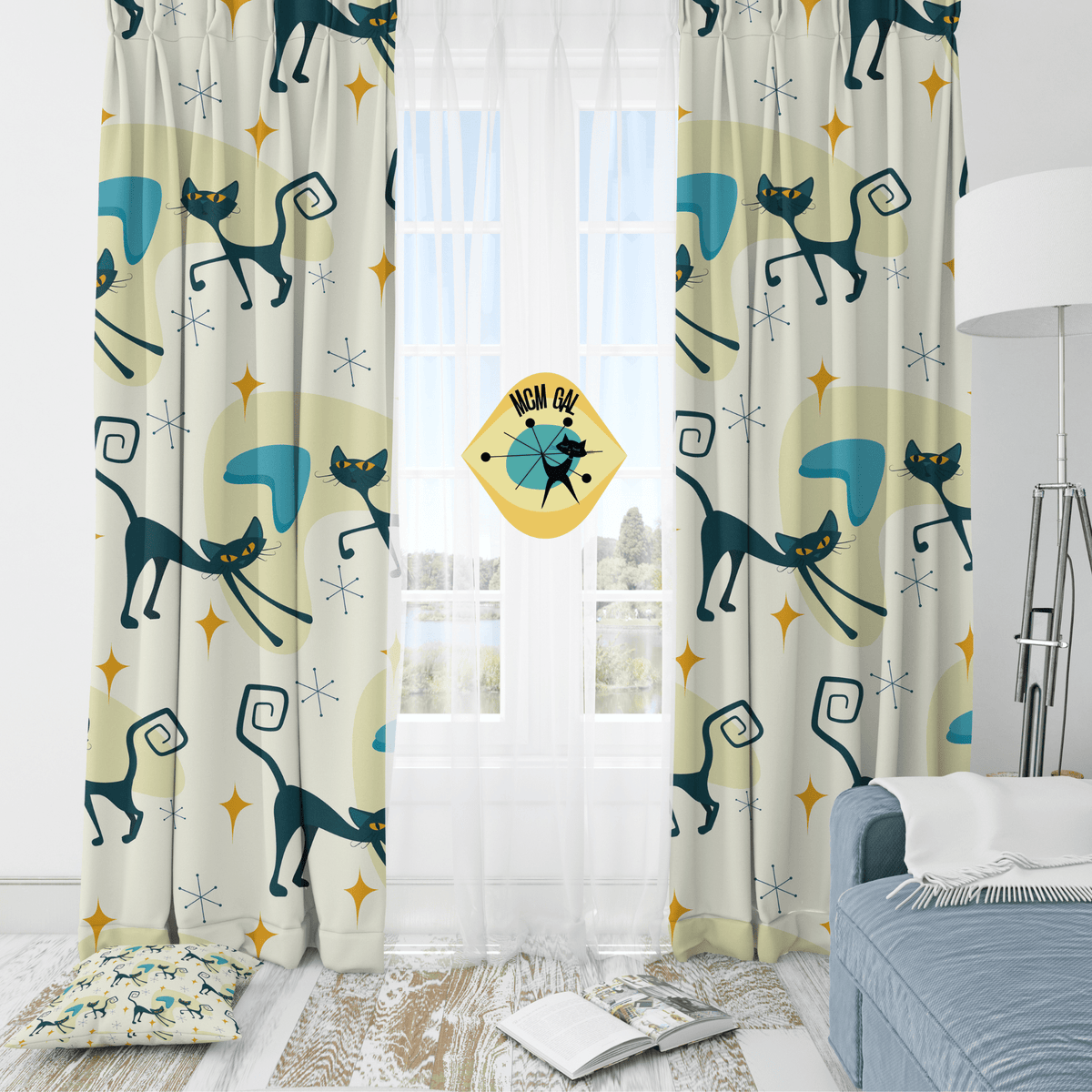 Atomic Cat Curtains, Beige, Yellow, Blue Boomerangs, Starburst, Kitschy Cute, Retro Bedroom, Livingroom, Kitchen, Blackout Window Panels Home Decor Blackout / 50" × 84"