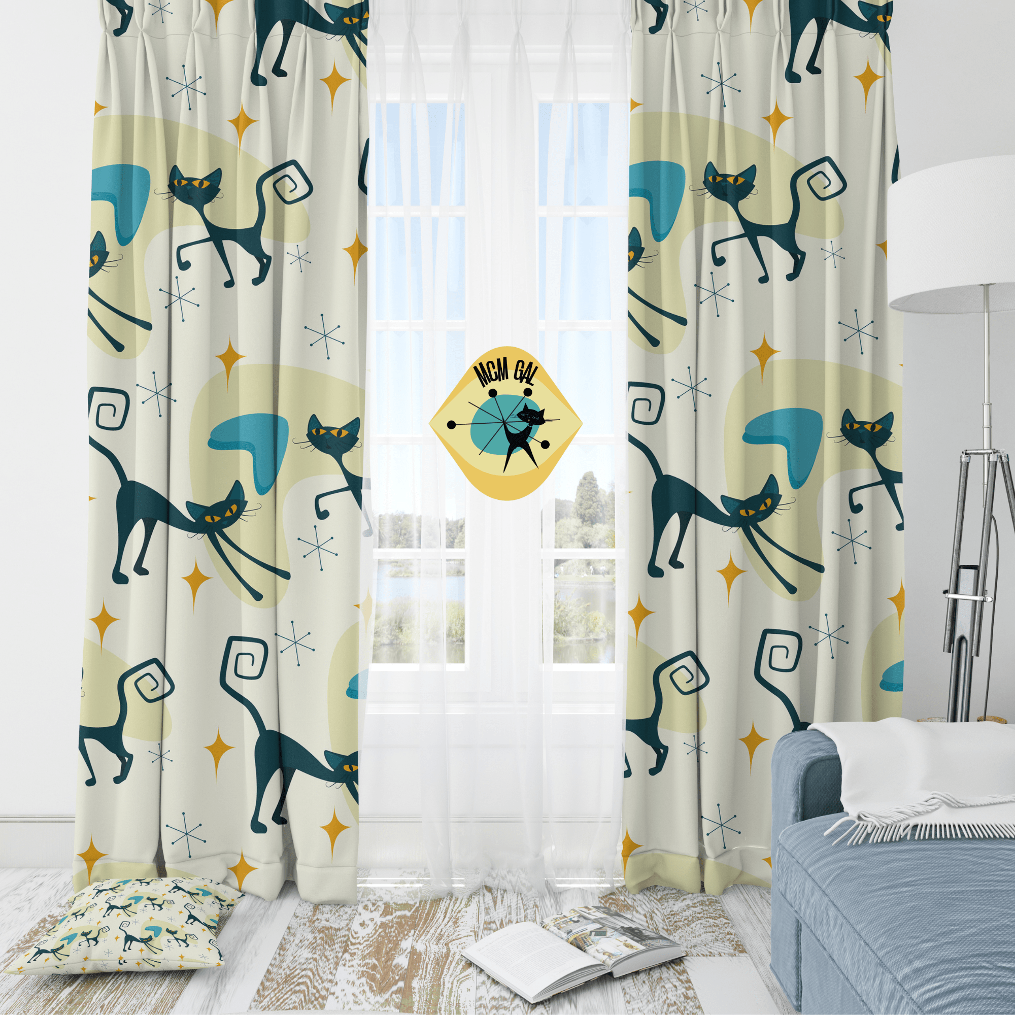 Atomic Cat Curtains, Beige, Yellow, Blue Boomerangs, Starburst, Kitschy Cute, Retro Bedroom, Livingroom, Kitchen, Blackout Window Panels Home Decor Blackout / 50" × 84"