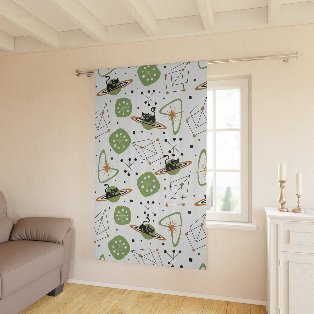 Atomic Cat, Space Age Atomic 50's Mid Century Modern Astro Stars Boomerange, MCM Window Curtains Home Decor Blackout / 50" × 84"
