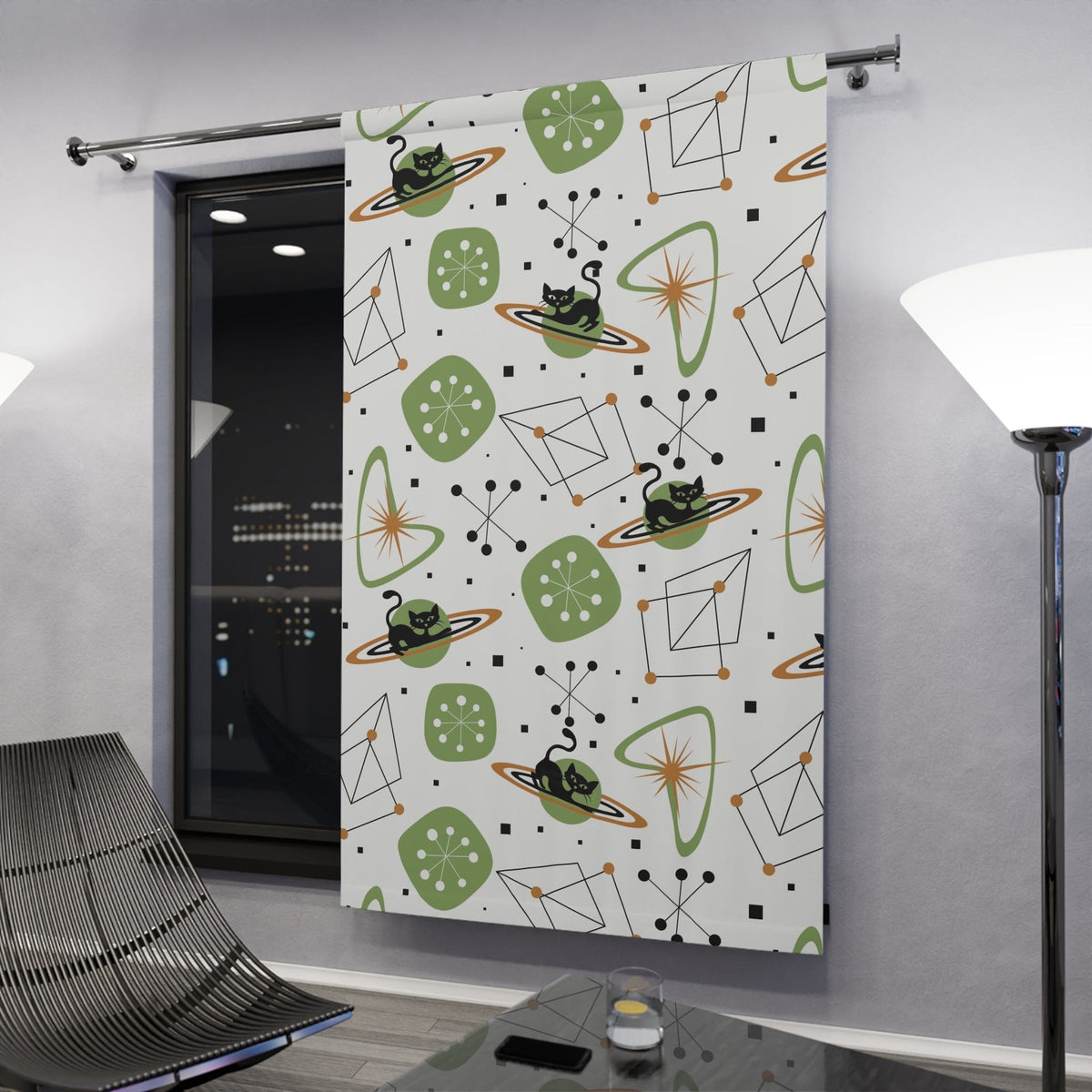 Atomic Cat, Space Age Atomic 50's Mid Century Modern Astro Stars Boomerange, MCM Window Curtains Home Decor Blackout / 50" × 84"