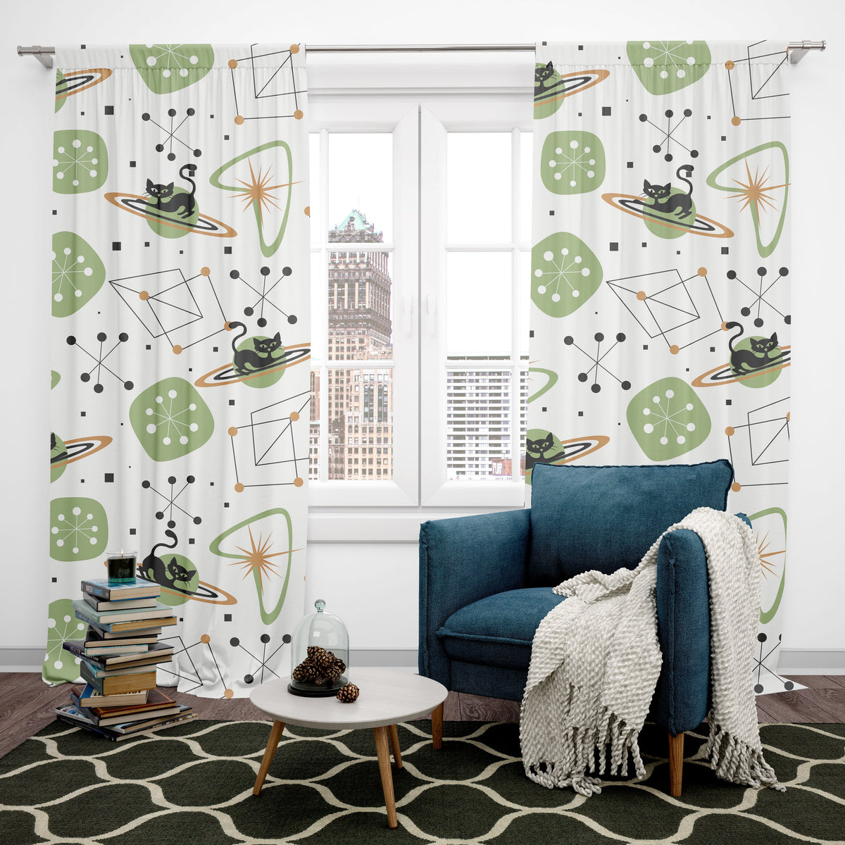 Atomic Cat, Space Age Atomic 50's Mid Century Modern Astro Stars Boomerange, MCM Window Curtains Home Decor Blackout / 50" × 84"