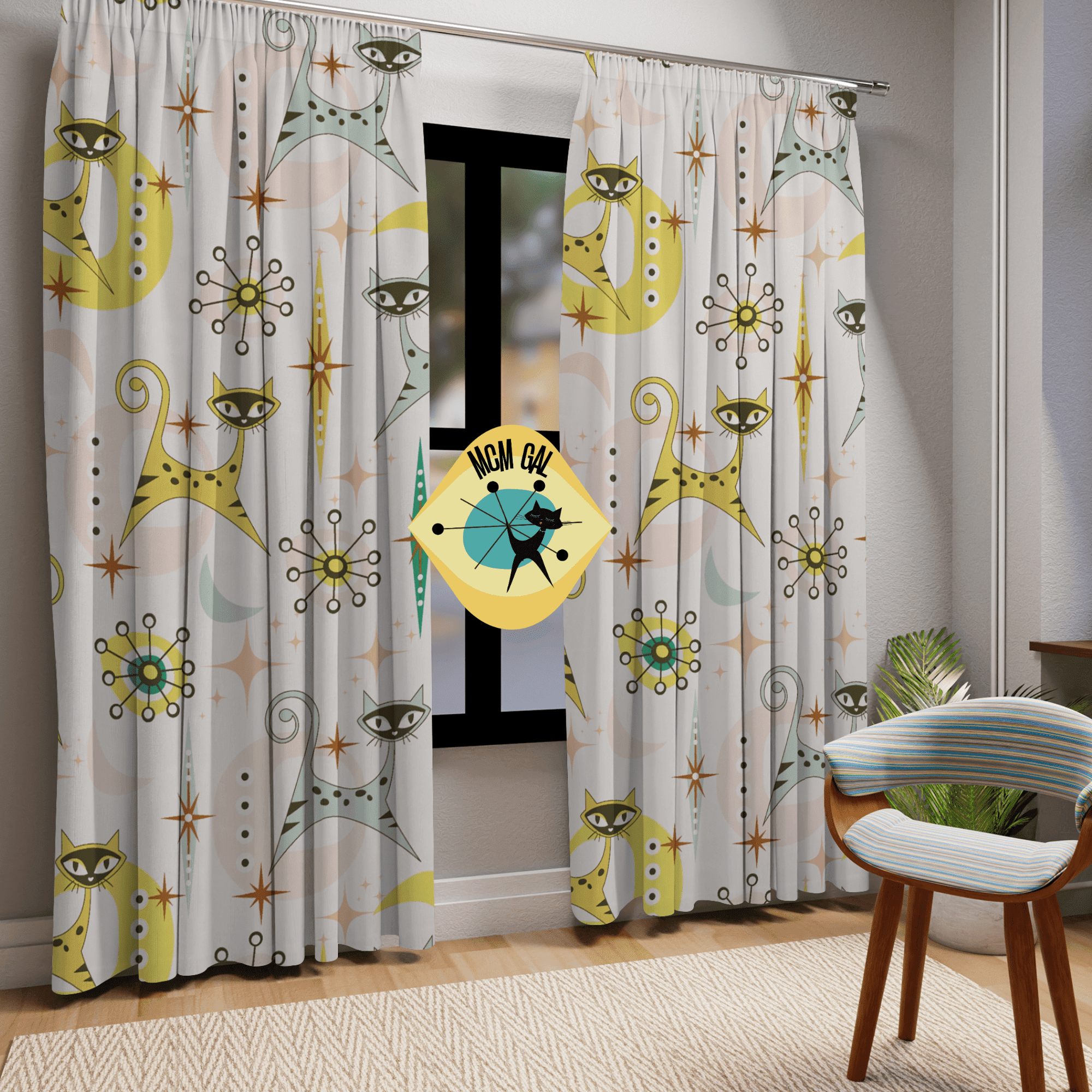 Atomic Cat, Vintage Style, Space Kitties, Retro Mid Century Modern Kitschy Cat Lover Window Curtains Home Decor Blackout / 50" × 84"