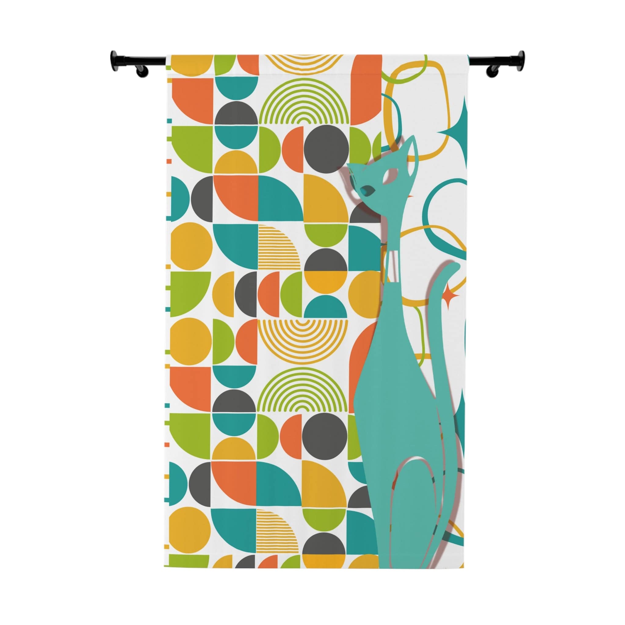 Atomic Cat Window Curtain, Mid Century Modern, White, Aqua, Orange, Yellow, FUN, Funky, Geometric, Retro Curtains Home Decor Blackout / 50" × 84"