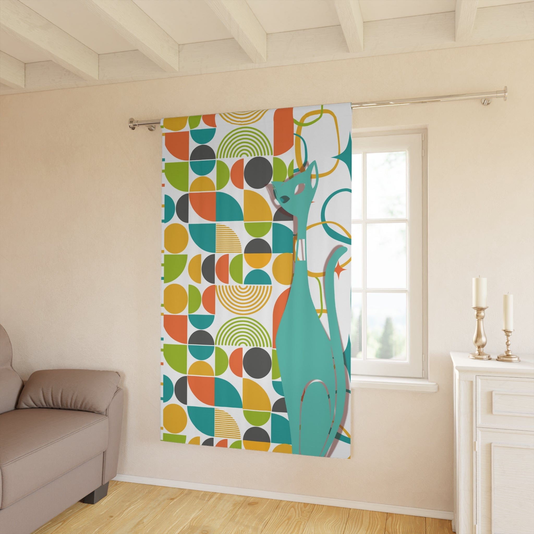 Atomic Cat Window Curtain, Mid Century Modern, White, Aqua, Orange, Yellow, FUN, Funky, Geometric, Retro Curtains Home Decor Blackout / 50" × 84"