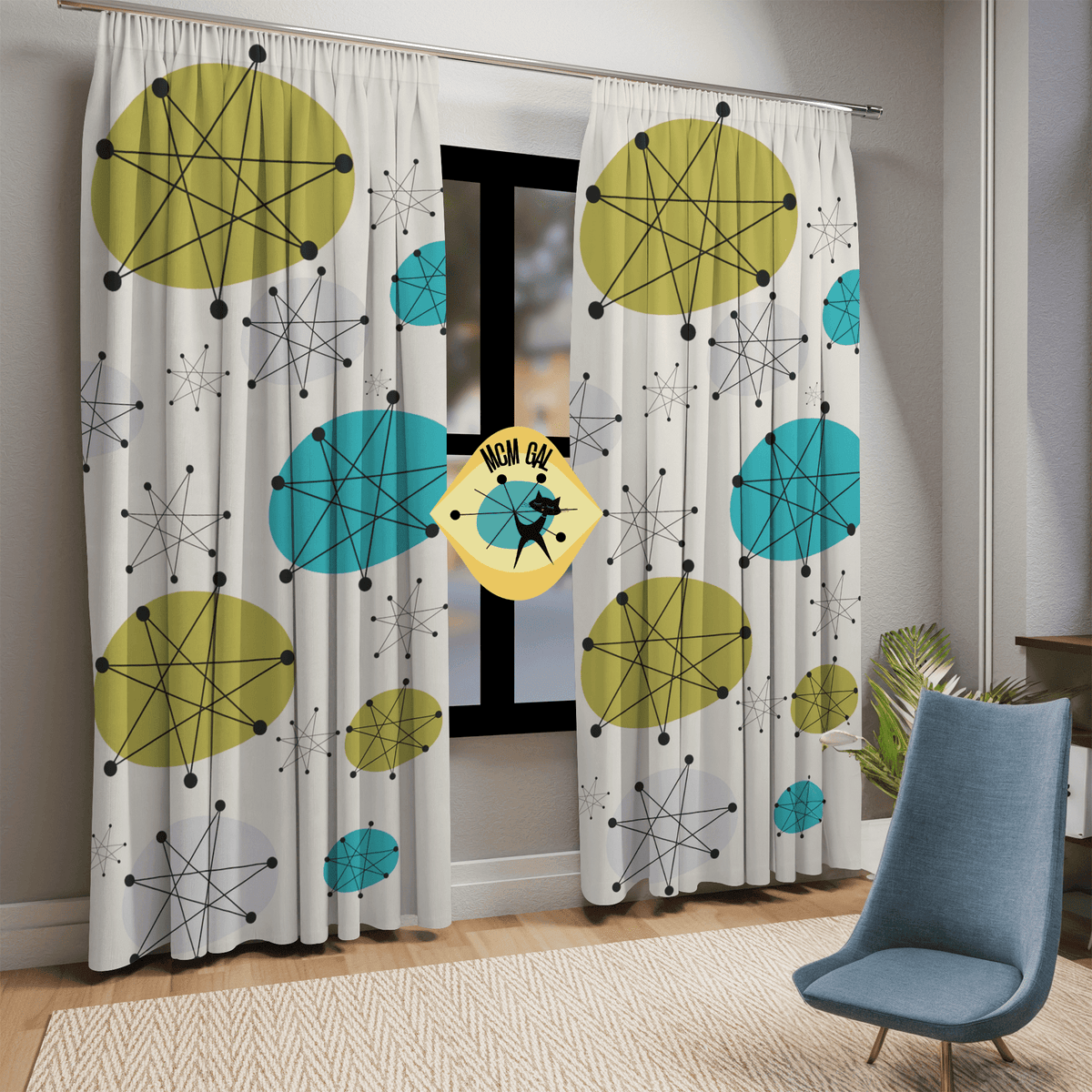Atomic Franciscan Dish Pattern, Custom Mid Century Modern Atomic 50's Era Black Out Window Curtains (1 Piece) Home Decor Blackout / 50" × 84"
