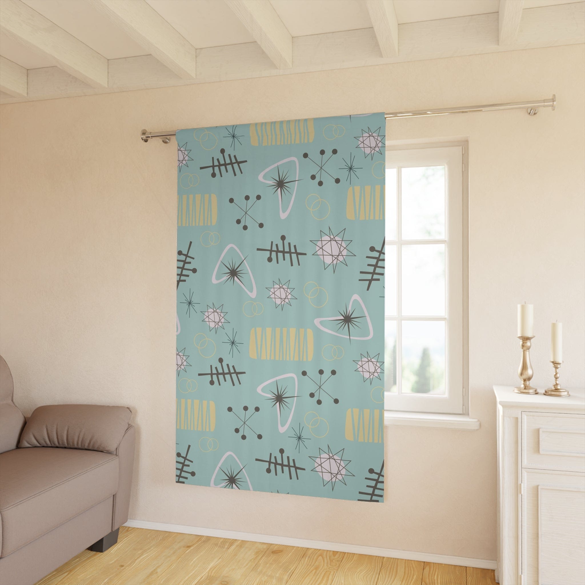 Atomic Franciscan Starburst Pattern, Aqua Blue, Yellow, Boomerang MCM Mid Century Modern Designs Window Curtains Home Decor Blackout / 50" × 84"