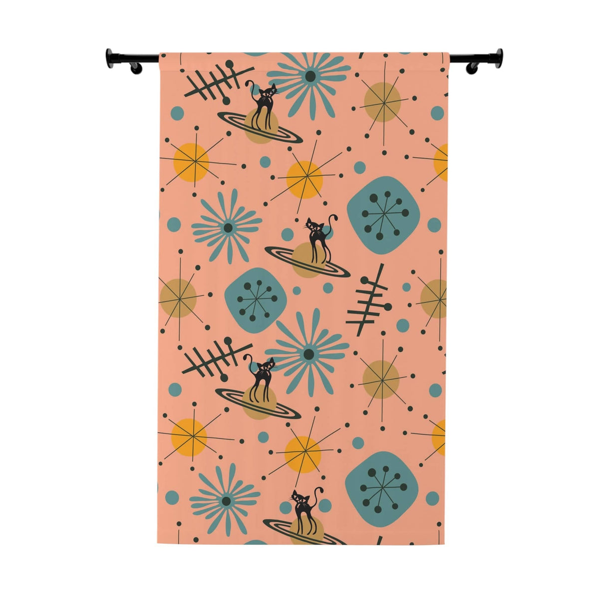 Atomic Home Living Curtain, Space Cat, Mid Century Modern Teal, Yellow, Salmon Color, Window Curtain Home Decor Blackout / 50" × 84"