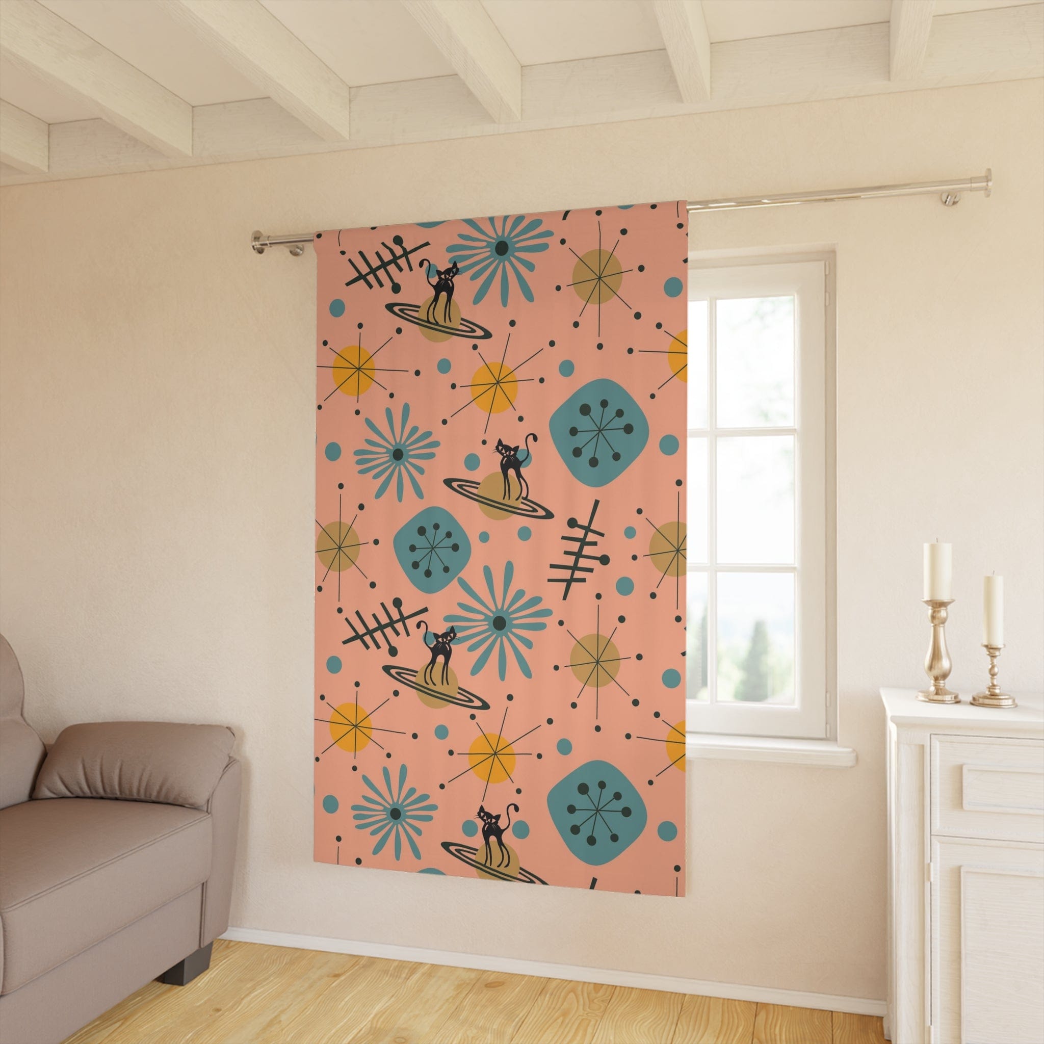 Atomic Home Living Curtain, Space Cat, Mid Century Modern Teal, Yellow, Salmon Color, Window Curtain Home Decor Blackout / 50" × 84"