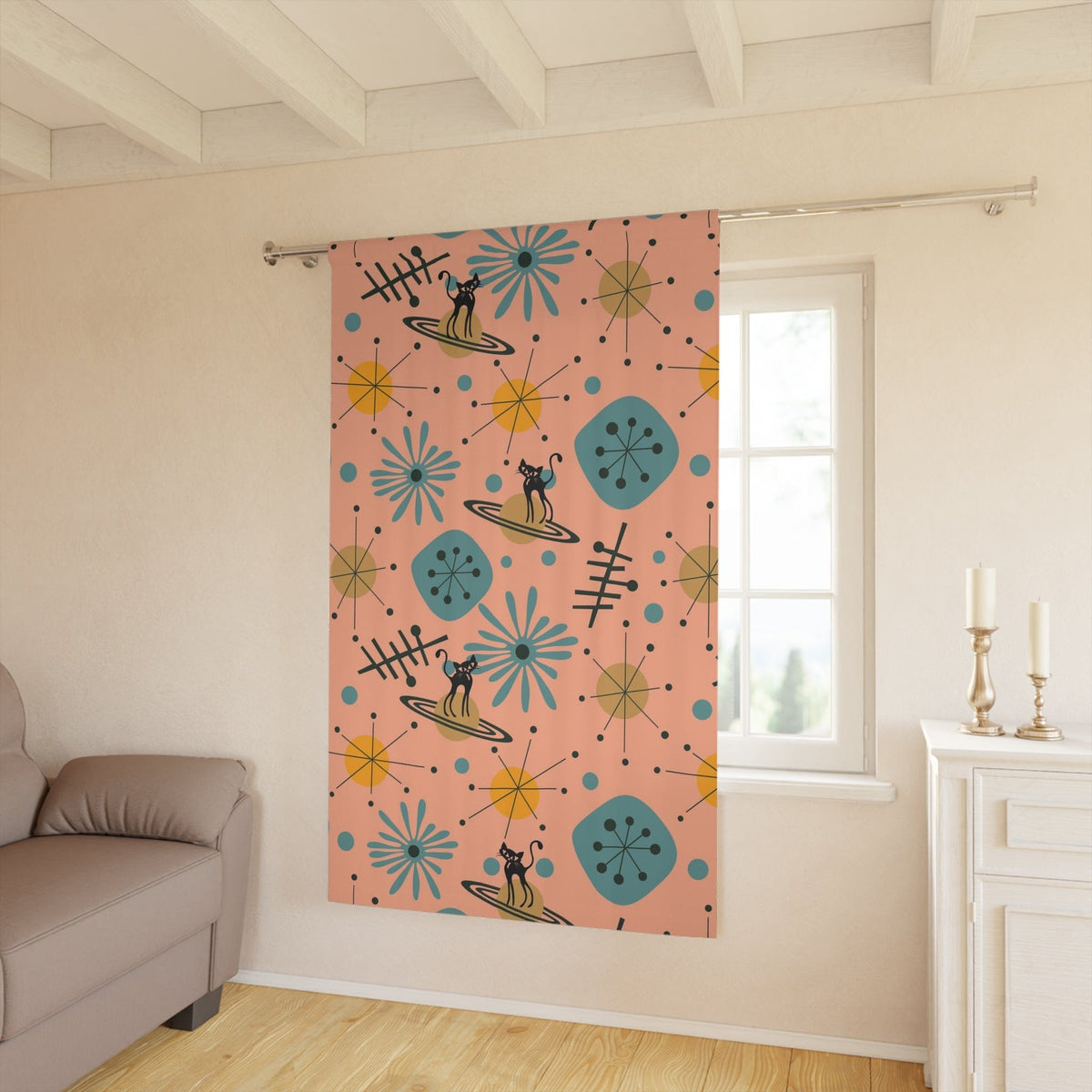 Atomic Home Living Curtain, Space Cat, Mid Century Modern Teal, Yellow, Salmon Color, Window Curtain Home Decor Blackout / 50" × 84"