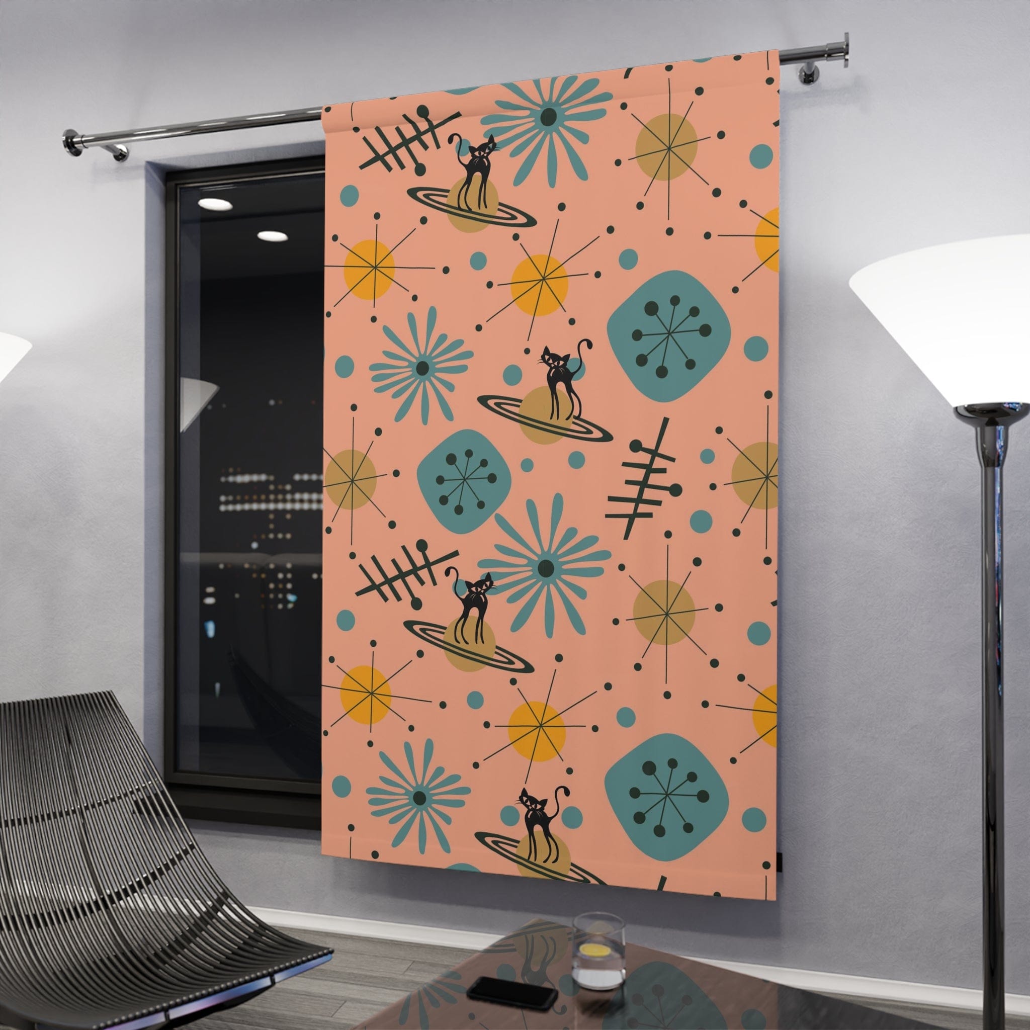 Atomic Home Living Curtain, Space Cat, Mid Century Modern Teal, Yellow, Salmon Color, Window Curtain Home Decor Blackout / 50" × 84"
