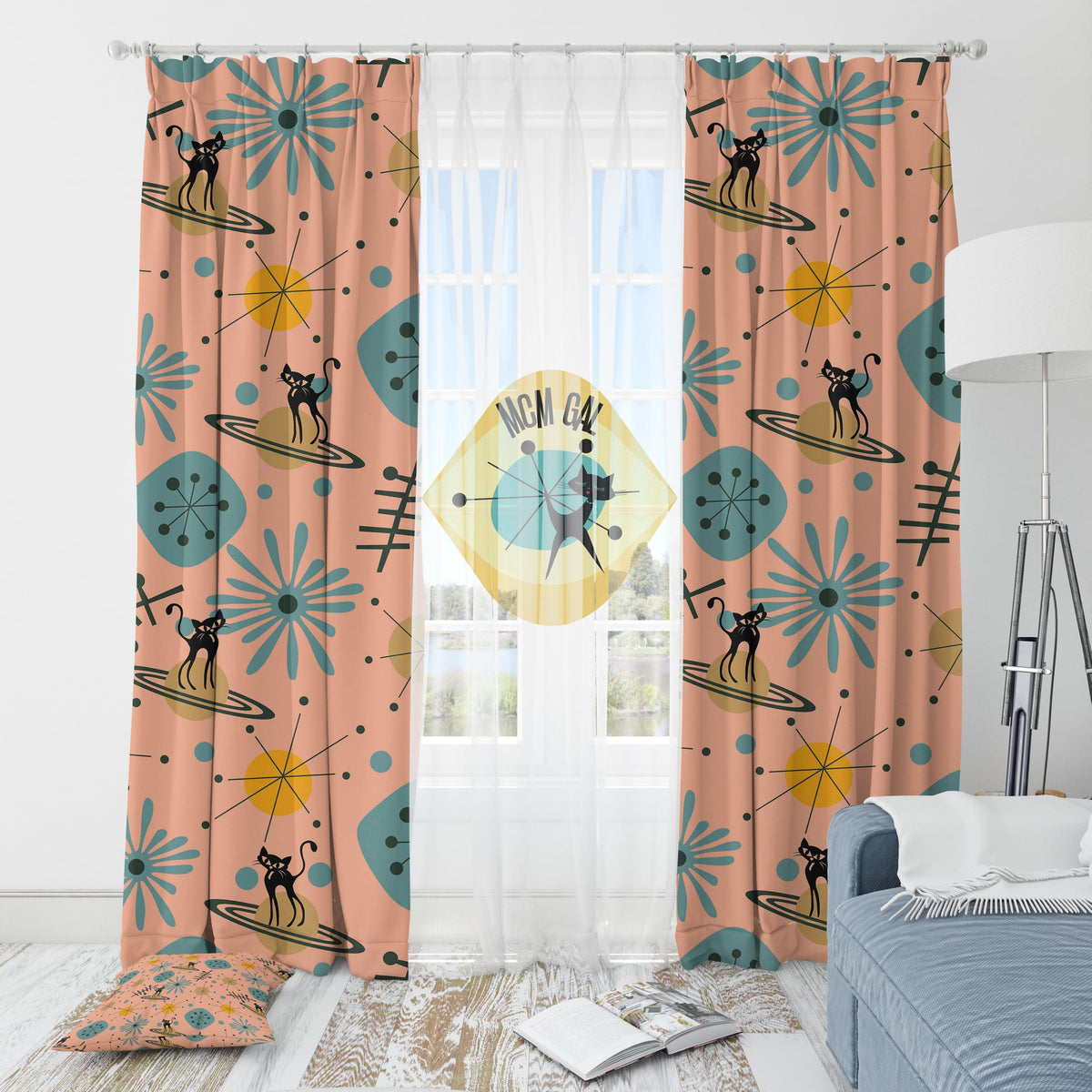 Atomic Home Living Curtain, Space Cat, Mid Century Modern Teal, Yellow, Salmon Color, Window Curtain Home Decor Blackout / 50" × 84"