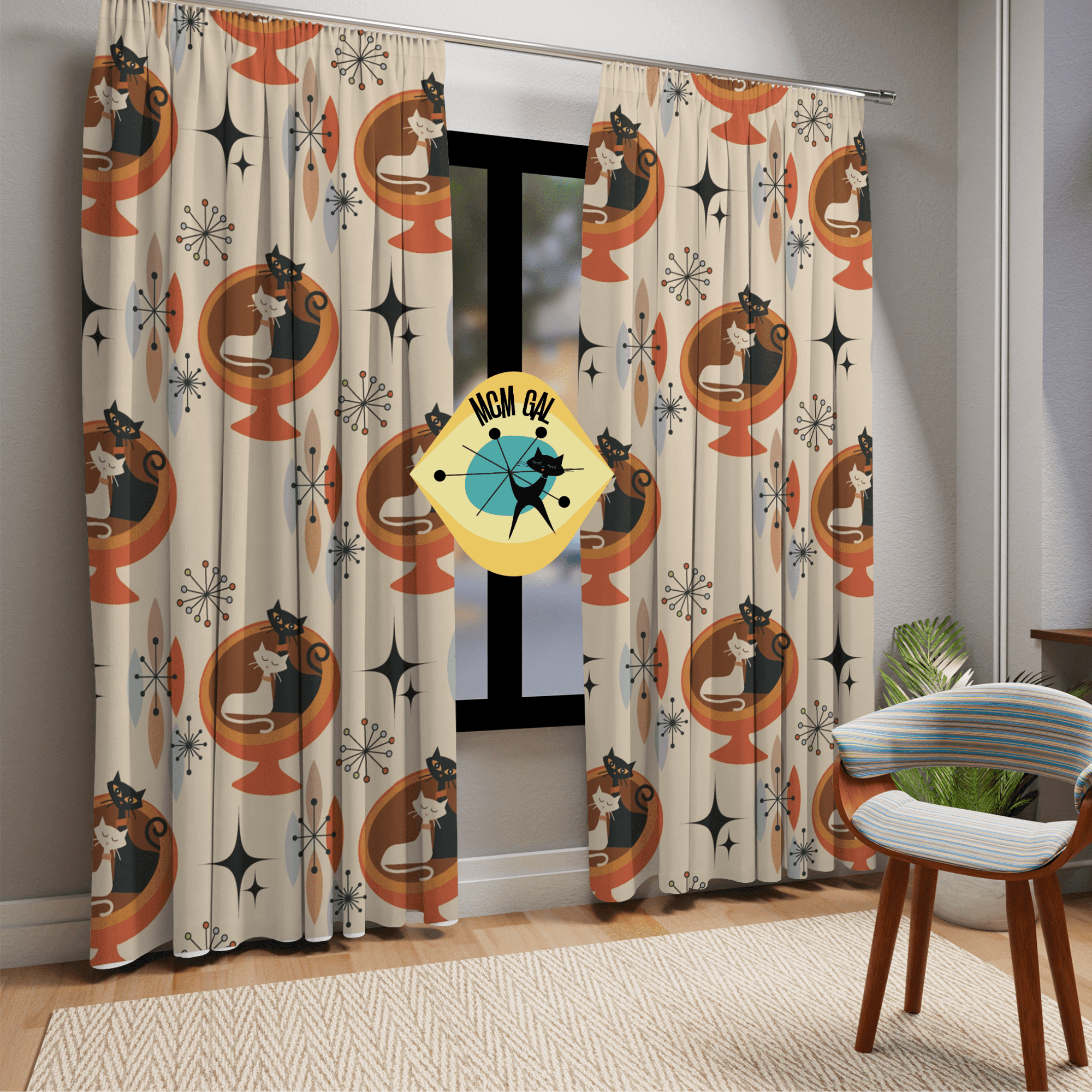 Atomic Kitties, Cute Kitsch Livingroom, Mid Century Modern, Retro Mod Window Curtains Home Decor Blackout / 50" × 84"