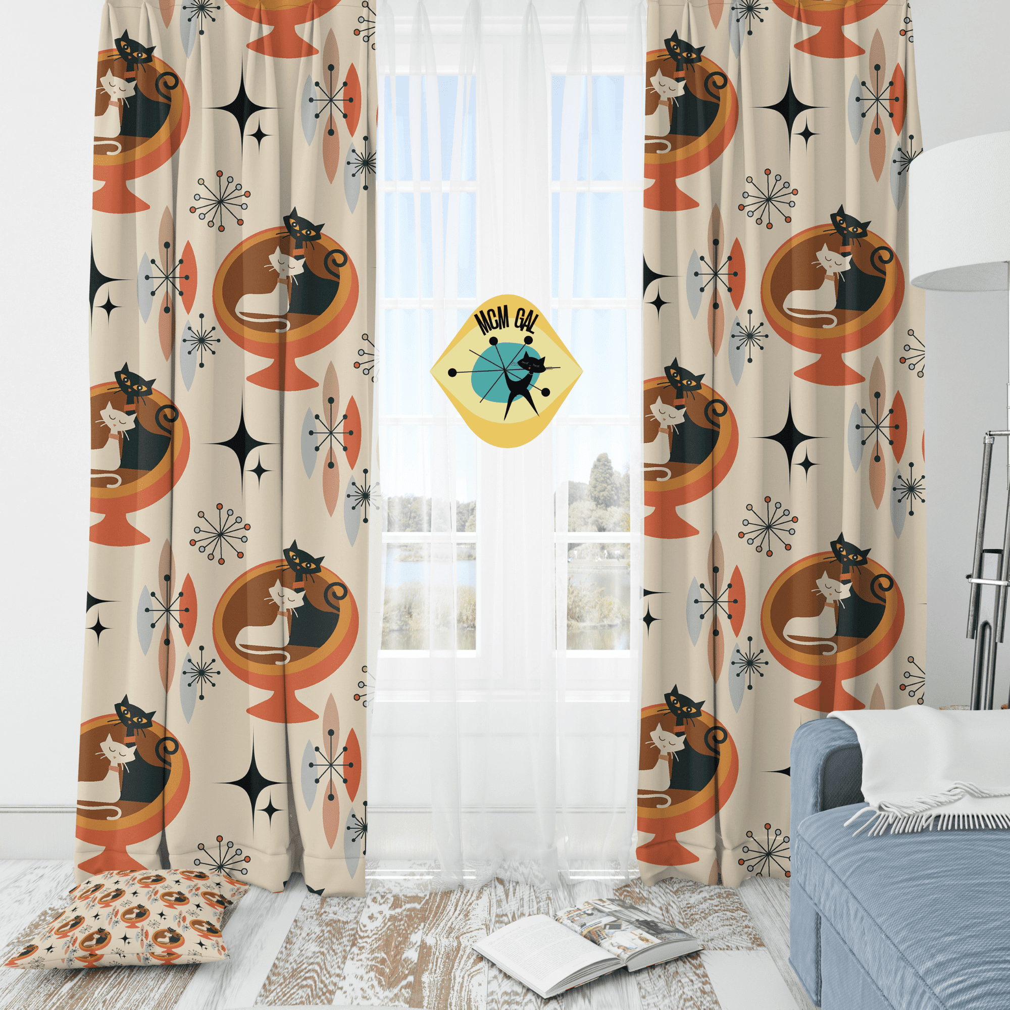 Atomic Kitties, Cute Kitsch Livingroom, Mid Century Modern, Retro Mod Window Curtains Home Decor Blackout / 50" × 84"
